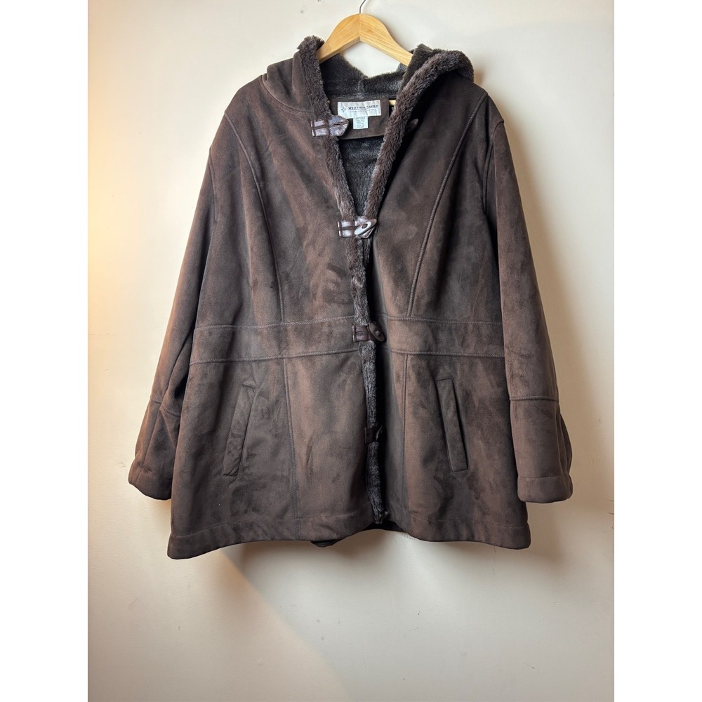 Womens 3X‎ Weather Tamer Coat Jacket Brown Faux Suede Sherpa Lined Toggle Hooded